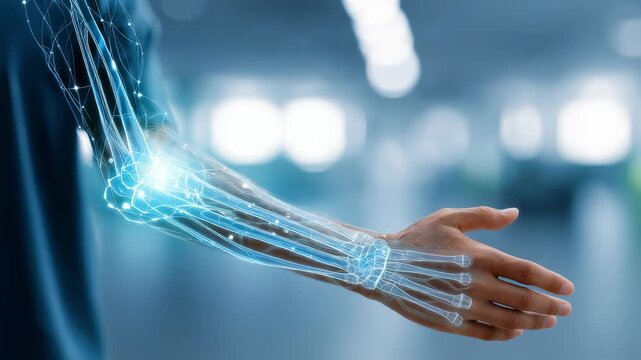 A high tech illustration showcases a transparent human arm with illuminated bones, symbolizing medical diagnostics and digital health. The scene blends futuristic technology with anatomical precision