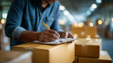 Faceless warehouse worker writing paper on clipboard inventory management product packaging boxes  checking stock parcel shipment logistics operations defocused bac