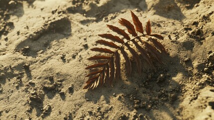 A single dried brown plant frond with multiple leaves lies on textured sand in bright sunlight creating distinct shadows