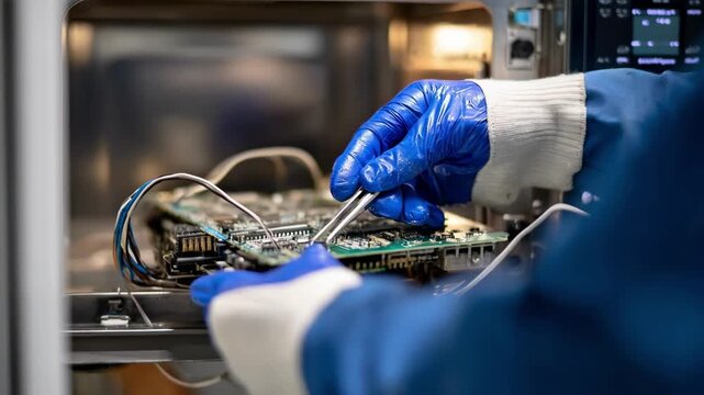 Closeup of hands fixing complex circuit boards within a commercial microwave highlighting industrial repair tools and safety gear.