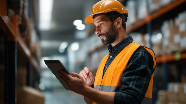Faceless warehouse worker manager checks stock inventory using digital tablet computer retail warehouse  full shelves goods logistics distribution center defocused - Powered by Adobe
