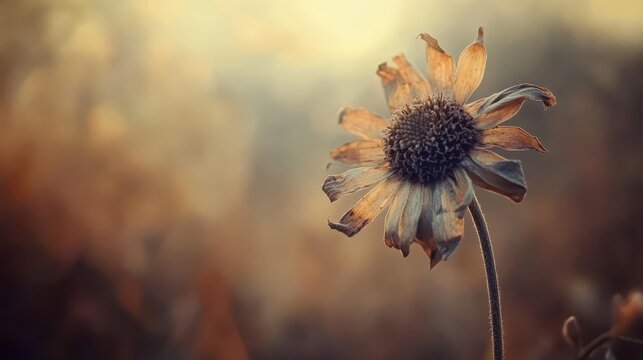 A single dried flower head with delicate withered petals drooping on its stem in soft warm light