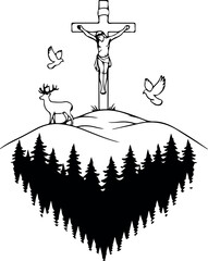 Crucifixion scene with deer and doves on hilltop forest landscape