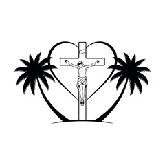 Crucifixion scene with palm trees in heart shape symbol