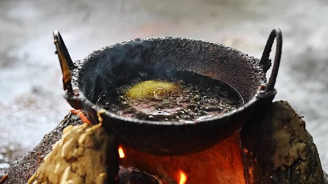 An Assamese woman prepares traditional sweets by deep-frying batter in hot oil over a wood-fired stove, as part of Magh Bihu preparations in Assam, India