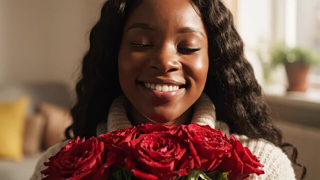Radiant woman holding roses indoors gently smelling bouquet soft smil