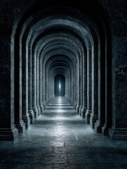 Fototapeta premium Ancient stone corridors stretch into the distance, illuminated by a light source at the end. Digital elements blend with historical architecture.