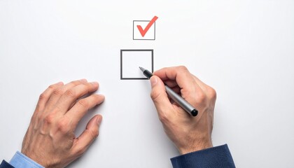 Two checkboxes on white surface, one checked red, hand holding pen near empty box.