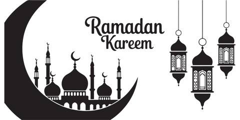Ramadan kareem greeting banner with mosque silhouette crescent moon and hanging lanterns