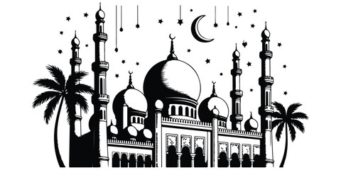 Mosque vector silhouette with palm trees crescent moon and stars for ramadan kareem night