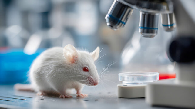 White mouse near microscope in laboratory setting during daytime with various lab equipment in background