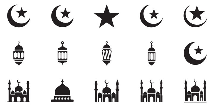 Rows of simple solid icons showing crescent moon star lantern and traditional mosque shapes