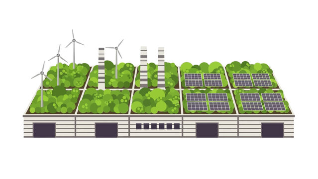 Sustainable industry complex concept with a green roof, solar panels, and wind turbines, demonstrating eco-friendly energy and environmental responsibility