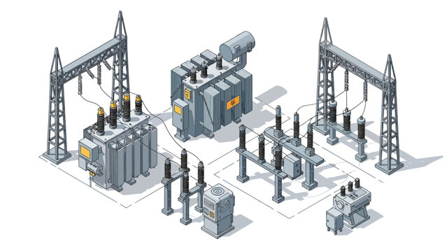Isometric illustration of an electrical substation, featuring transformers, high-voltage equipment, and essential distribution infrastructure for modern energy grid management