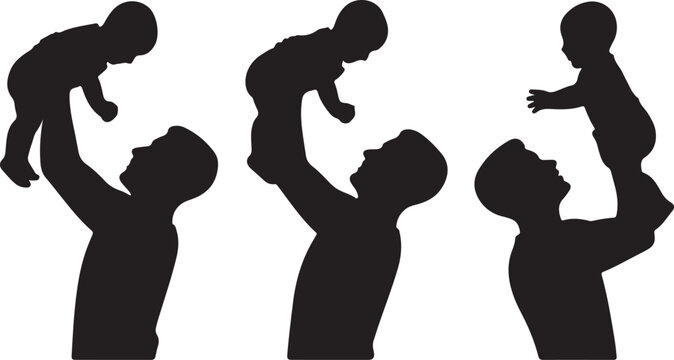 Father Holding Baby Silhouettes Set Black Vector Collection Parenting Family Poses, vector and illustration, black and white	