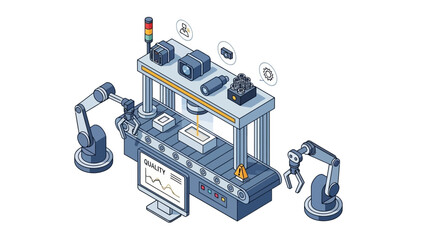 Naklejka premium Isometric illustration showcasing advanced factory automation with robotic arms, conveyor belt, and digital quality control systems for modern industrial production processes