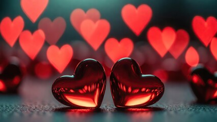 Two sleek, shiny red hearts reflect vibrant light, positioned intimately on a dark surface against a backdrop of numerous glowing red heart-shaped bokeh lights.