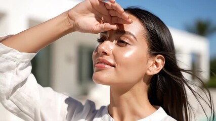 Woman shielding eyes sun bright day showing glowing skin hair