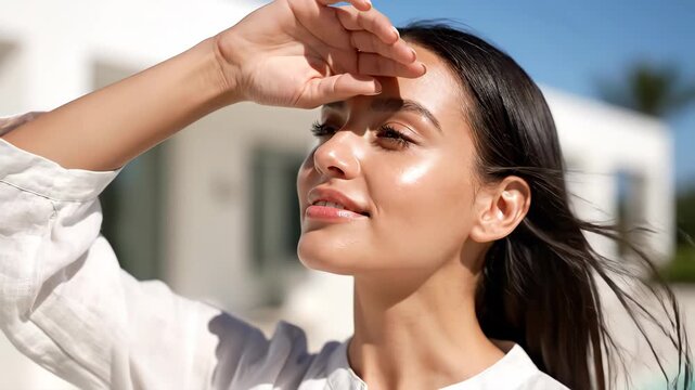 Woman shielding eyes sun bright day showing glowing skin hair
