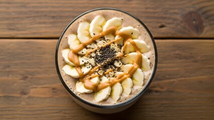 Breakfast smoothie with banana, peanut butter, oats, and chia seeds, top-down view.