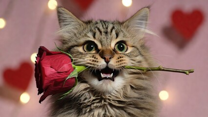 A fluffy tabby cat holds a red rose in its mouth, green eyes, surrounded by bokeh lights and hearts.
