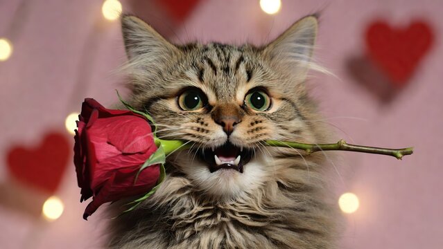 A fluffy tabby cat holds a red rose in its mouth, green eyes, surrounded by bokeh lights and hearts.