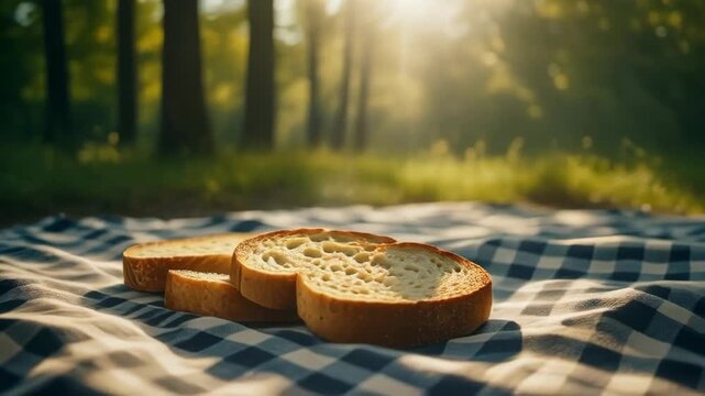 Sliced Bread on Gingham Blanket in Forest Sunlight