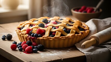 Rustic pie with lattice crust and berries spilling over, golden brown, warm light.