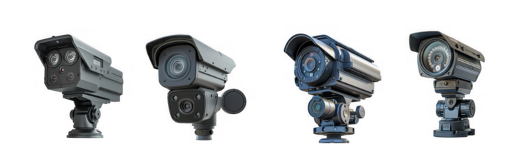 Four different styles of security cameras are displayed in a row perfect for design projects on transparent background