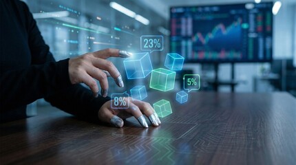 Tax data analysis and visualization corporate office digital interaction modern workspace close-up financial insights