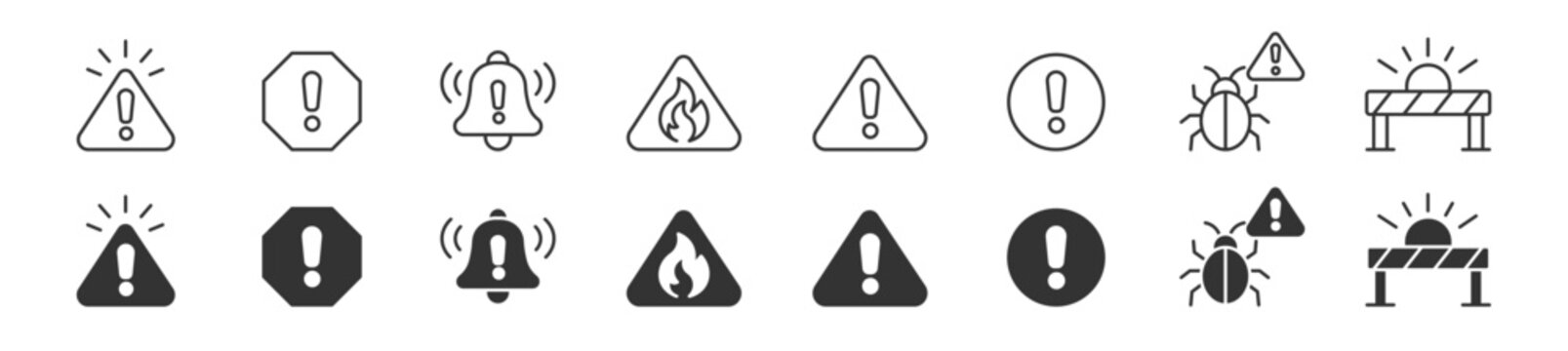 Warning and Alert Icon Set, Exclamation Mark, Notification Bell, Fire Hazard, Bug Error and Road Barrier Symbols, Outline and Solid, Vector Illustration