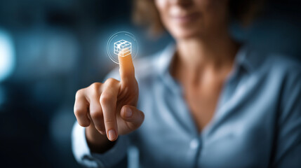 Inventory management concept faceless business woman hand touching inventory management icon virtual screen stock photo digital interface supply chain technology logistics ope