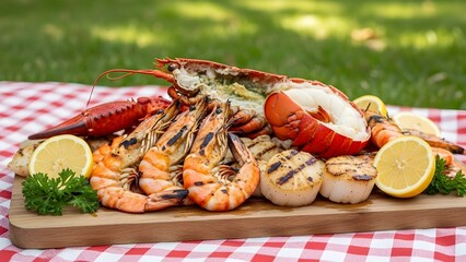 Grilled seafood platter: shrimp, lobster, and scallops with lemon wedges, outdoor picnic scene.