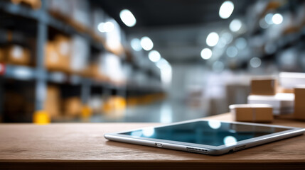 Computer tablet on blurred warehouse background inventory management technology stock photo logistics operations supply chain management distribution center digital interface