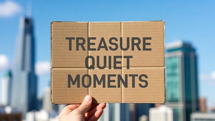 A person's hand holding a cardboard sign with the uplifting message "TREASURE QUIET MOMENTS" against a modern city skyline.
