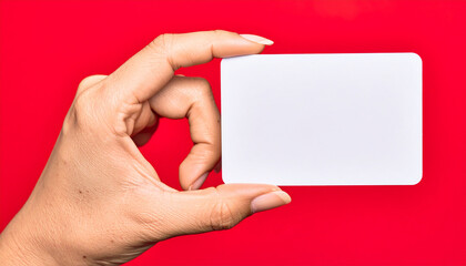 A well-groomed woman's hand holds a blank business card on which a message or advertisement note can be written.