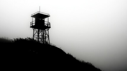 A solitary guard tower silhouette pierces the foggy horizon atop a silhouetted hillside creating a stark and atmospheric scene
