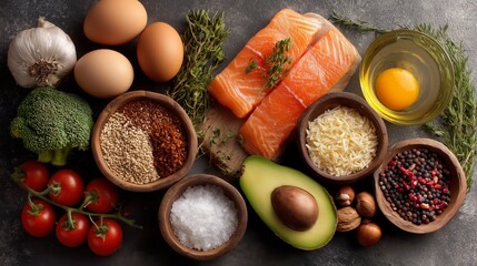 Una selecci&oacute;n de ingredientes de comida saludable para una dieta de entrenamiento para bajr peso, deporte y salud