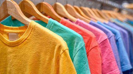 A vibrant spectrum of colorful t-shirts hanging neatly on wooden hangers, creating a rainbow of fashion ready to wear on a clothing rack.