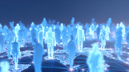 A digitally rendered crowd of people on a network. Ideal for representing globalization, social media connections, or a digital community.