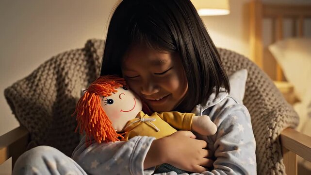 Lovingly Hugging Rag Doll by Little Girl Cozy Home Close-Up Setting