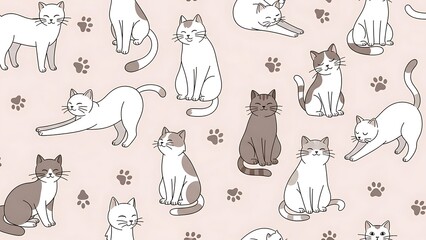 Obraz premium Adorable cartoon cats of various colors and poses, with paw prints on a pale pink backdrop