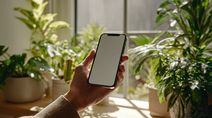 A hand holds a smartphone with a blank screen, bathed in sunlight, amidst lush green plants by a window. Cozy, bright, and inviting space.