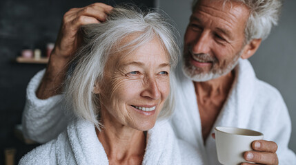 Loving moment captured between a senior couple, the man holds a warm cup while affectionately touching the woman's hair with a gentle smile.