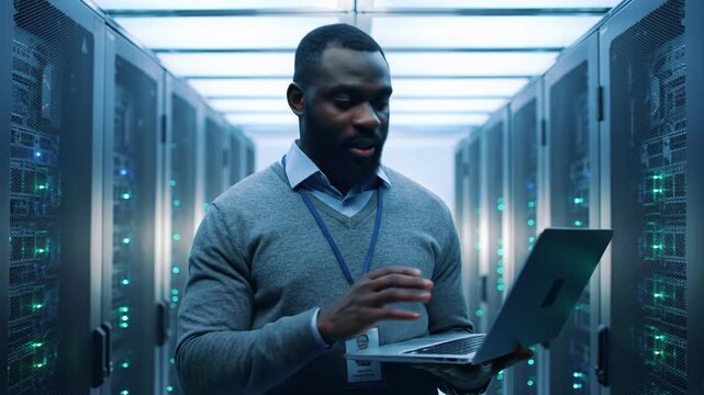 Confident young African American man in grey sweater using laptop in modern data center with blue LED server lights and bokeh. Concept of high-tech network administration