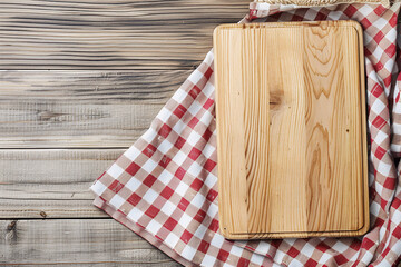 An empty kitchen board on the table and a tablecloth