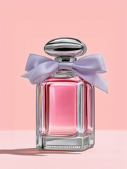 Luxury perfume bottle with satin bow, feminine fragrance product photography