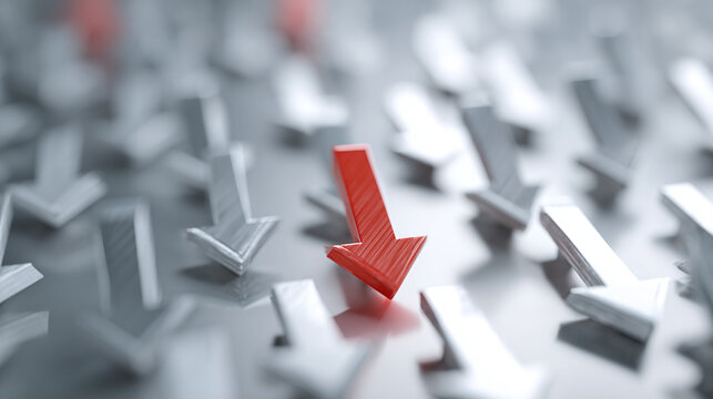 A standout red arrow points downward amidst a sea of muted, directional arrows, creating a bold symbol of divergence and downward trends.