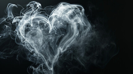Intricate swirls of ethereal white smoke dance elegantly against a dark background to create the hauntingly beautiful silhouette of a heart, capturing the fleeting and fragile essence of human love.
