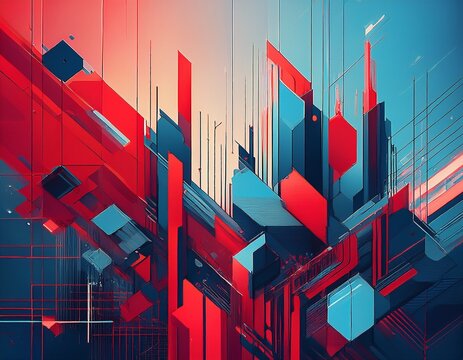 abstract digital glitch art with red and blue geometric shapes - Powered by Adobe